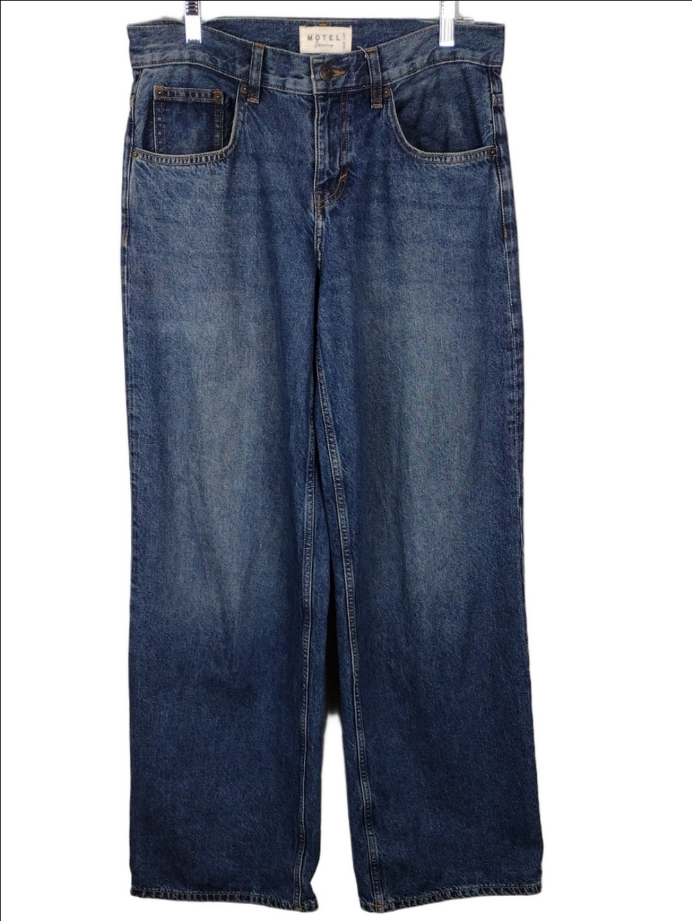Motel Denim Blue Dark Wash Five Pocket High Rise Zip Up Flare Leg Denim Jean